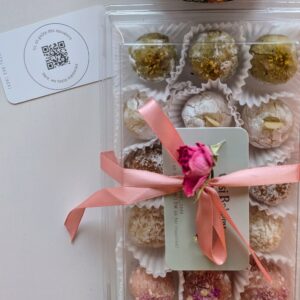 Gluten-free amaretti cookie box with mix and match flavors like pistachio, rose, chocolate, and lemon rosemary