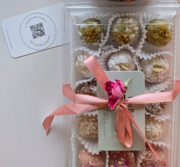 Gluten-free amaretti cookie box with mix and match flavors like pistachio, rose, chocolate, and lemon rosemary